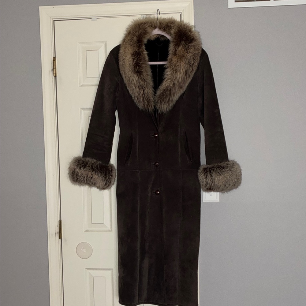 Long Brown Suede Coat with Mink Fur Trim - Women's
